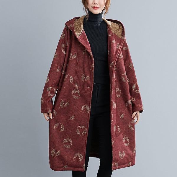plus size wool vintage floral hooded casual loose long autumn winter coat for women jacket - Omychic