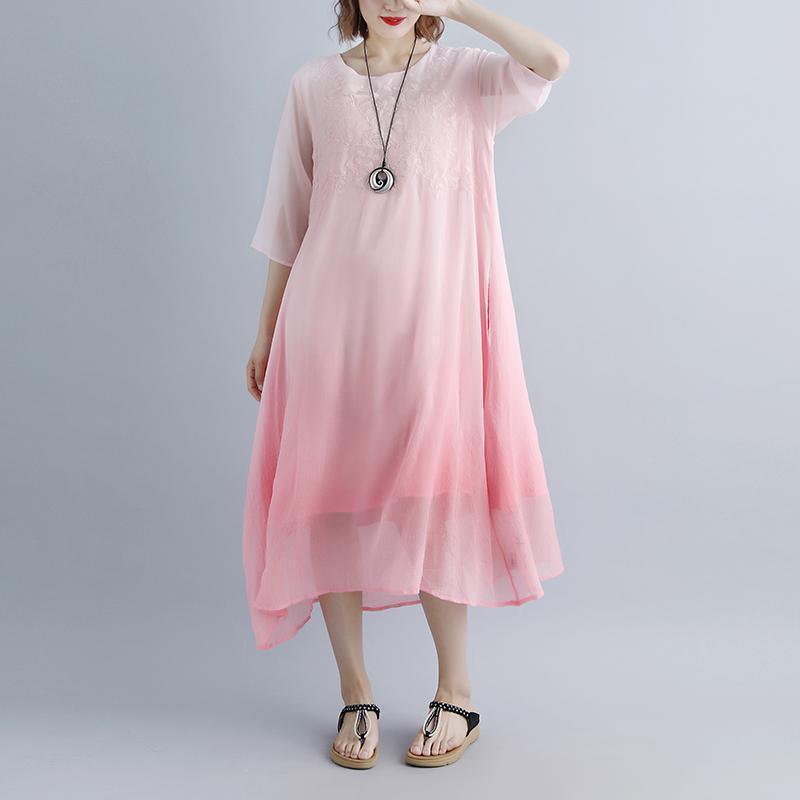 Fake Two-piece Pockets Retro Pink Summer Dress - Omychic