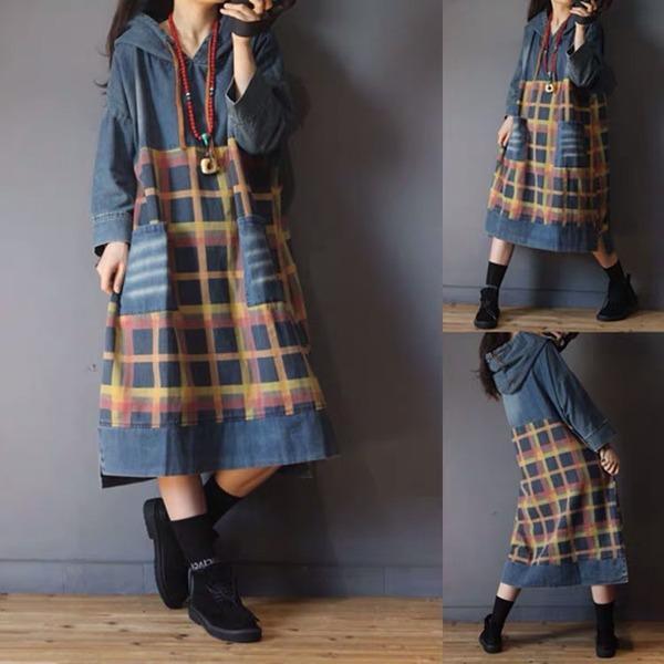 Vintage Spliced Hooded Dresses Female 2020 Spring Irregular Length Dress - Omychic