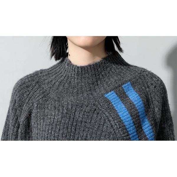New Knitting Sweater Fashion Irregular Contrast Color Turtleneck Collar Loose Pullover Women Casual Sweater - Omychic