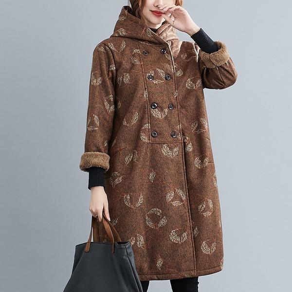 plus size wool vintage floral hooded casual loose long autumn winter coat for women jacket - Omychic