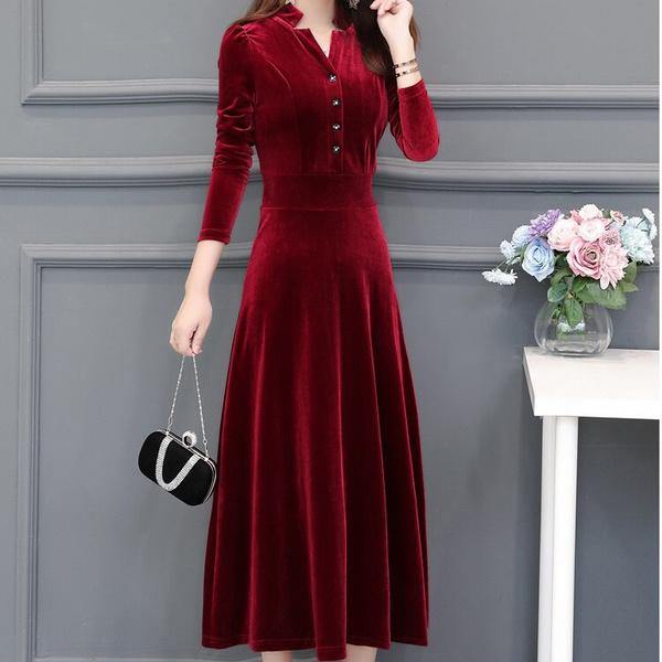 long sleeve plus size velvet vintage for women casual loose autumn winter dress - Omychic