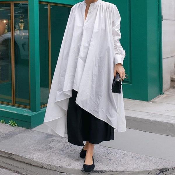 Irregular White Long Blouse Women Clothes V Neck Full Sleeve Match All Shirt Top - Omychic