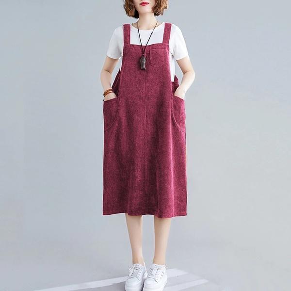 sleeveless plus size corduroy vintage women casual loose midi autumn winter vest elegant party dress clothes - Omychic