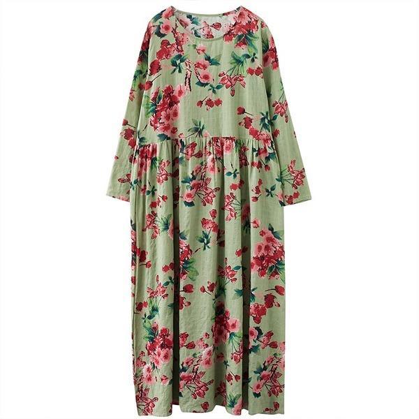 long sleeve plus size cotton linen vintage floral for women casual loose autumn dress - Omychic