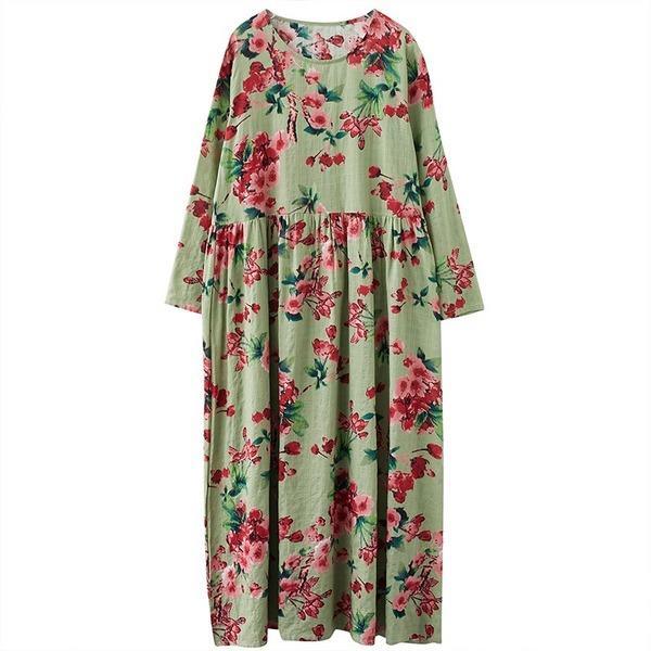 long sleeve plus size cotton linen vintage floral for women casual loose autumn dress - Omychic