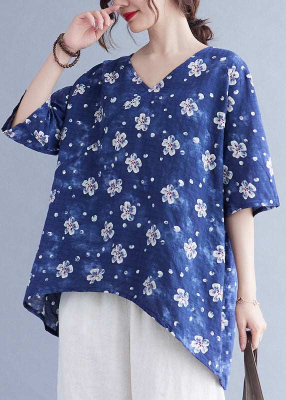 French Blue V Neck Print asymmetrical design Fall Half Sleeve Shirt Top