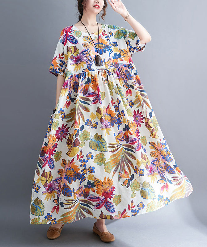 Women Fashion Floral Print Boho Long Dress Short Sleeve