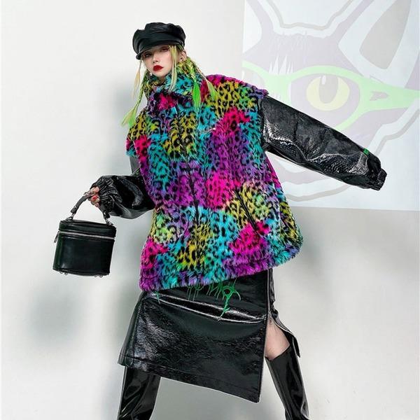 Winter Fashion New Personality Splicing Pu Long Sleeve Street Trendy Parka Coat - Omychic