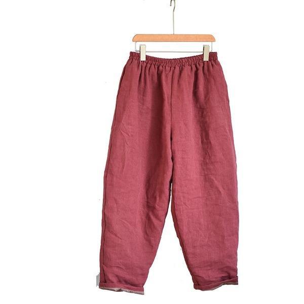 Women Loose Linen Elastic Waist Padded Pants Ladies Vintage Spliced Flax Trousers - Omychic