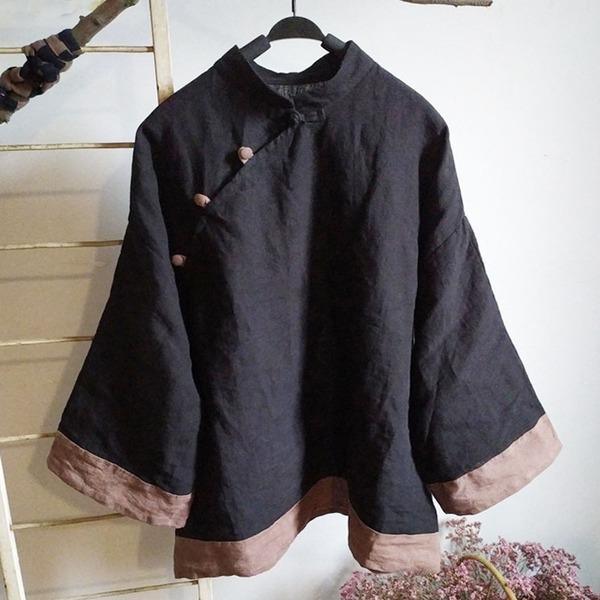Women Autumn Black Vintage Shirts Linen Stand Long Sleeve Button Blouses - Omychic