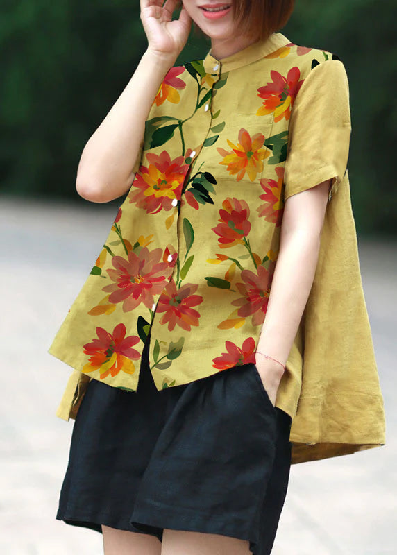 Orange yellow-flower Print Patchwork Linen Top Button Stand Collar Summer
