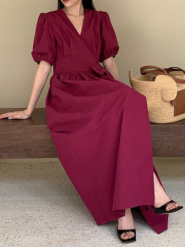 Ribbed Solid Color Maxi Dress Bishop Sleeve