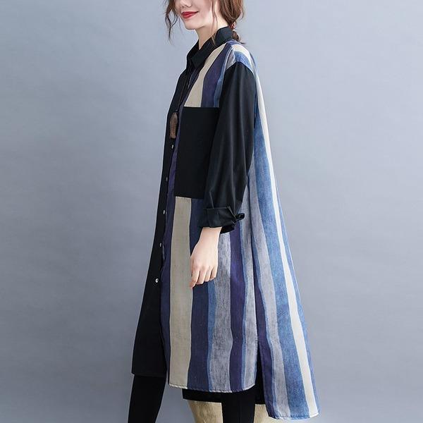 long sleeve plus size cotton linen vintage for women causal loose autumn midi shirt dress - Omychic