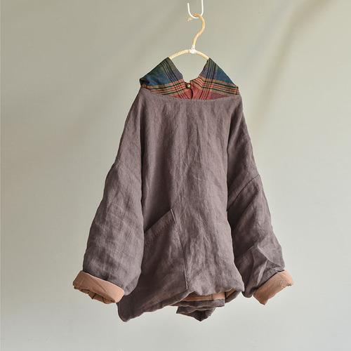 Women Linen Patchwork Hooded Coat Parkas Ladies Vintage Flax Tops Female 2020 Outerwear 2020 Autumn Winter - Omychic