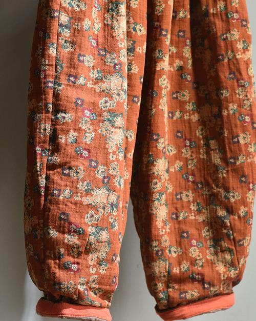 Women Loose Retro Printed Elastic Waist Padded Pants Ladies Vintage Print Winter Trousers Female 2020 Padded Trousers Pants - Omychic