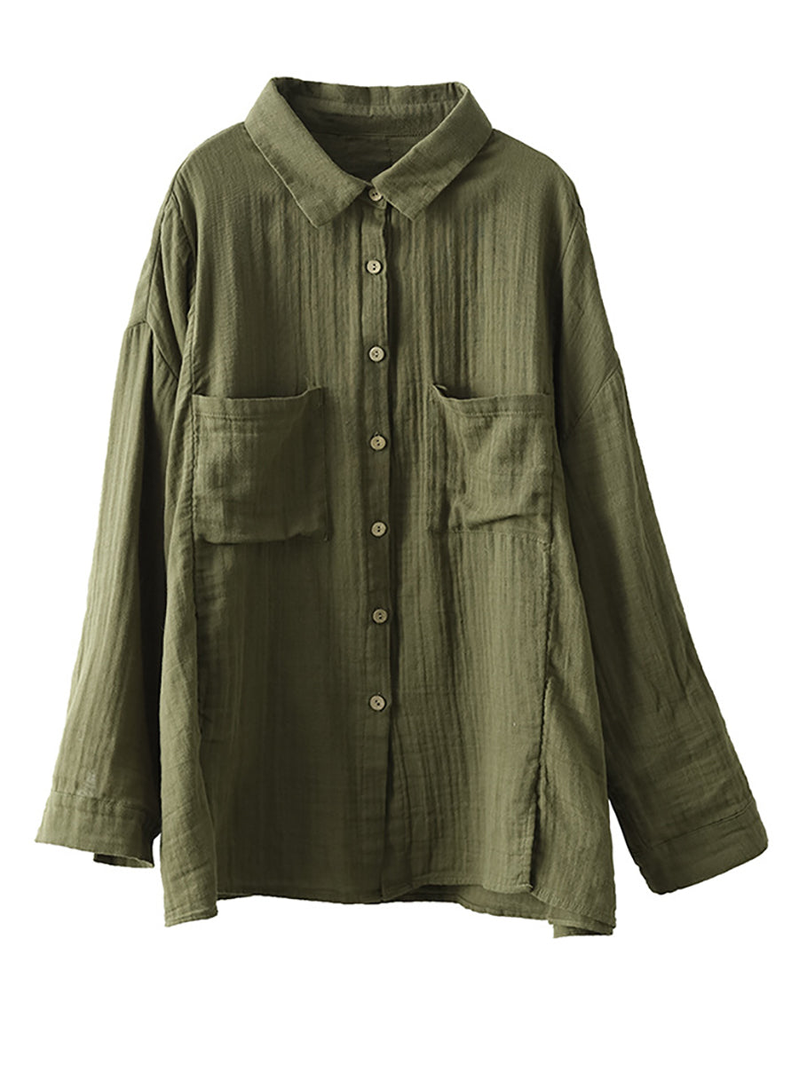 Women Spring Casual Pocket Button Cotton Shirt
