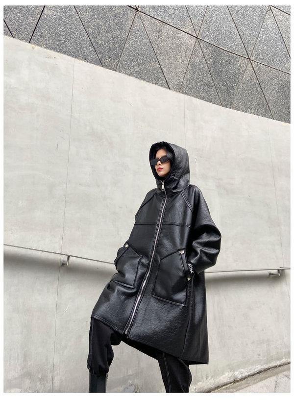 Black Splicing Keep Warm Faux Leather Women New Winter Fashion All-match Coat Personality Splicing Street Trendy - Omychic