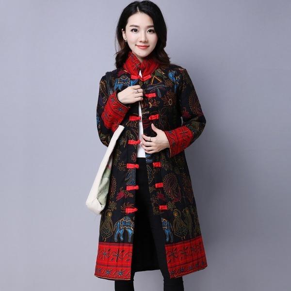 anteef plus size Cotton linen vintage floral clothes casual long loose autumn winter jacket - Omychic