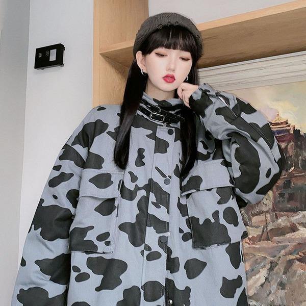 Contrast Color Print Women Jacket Casual Loose Stand Collar Keep Warm Trendy Jacket Coat - Omychic