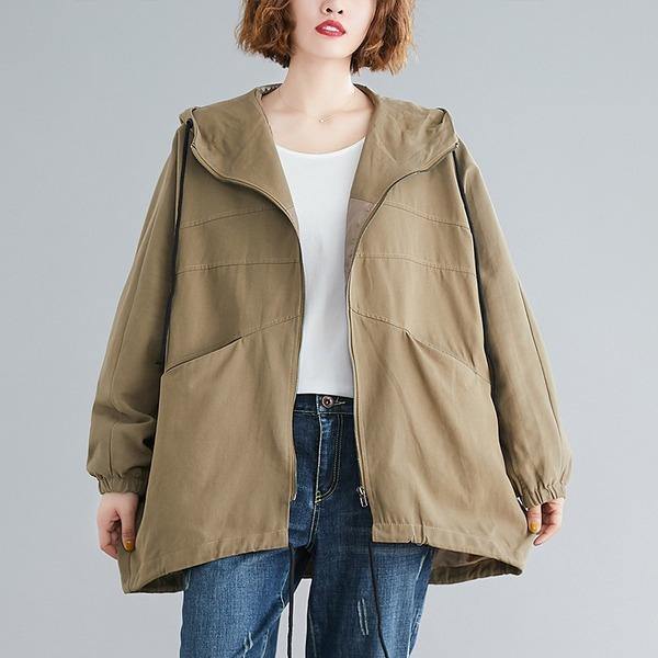 Pockets Zipper All-match Hooded Windbreaker 2020 New Simple Leisure Plus Size Women Coat - Omychic