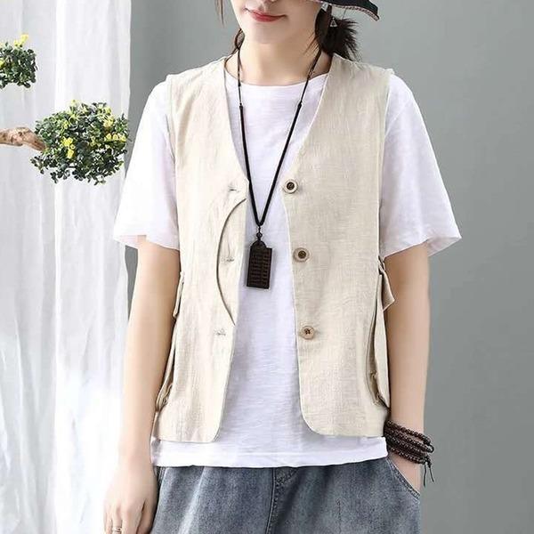 Korean Style Vintage V-neck Single Breasted Loose Casual Female Cotton Linen Vest Coats - Omychic