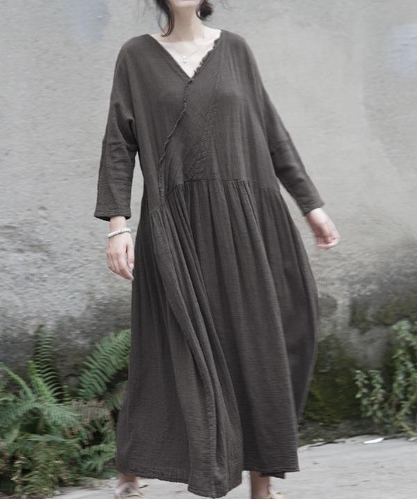 Vintage Solid Color V Neck Ripped Dress Ladies Loose Robe Dress - Omychic
