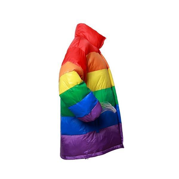Women Rainbow Wadded Parka Plus Size Loose Striped Coat - Omychic