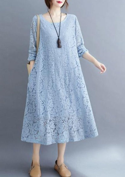 Plus Size Women Casual Lace Dress New 2020 Autumn Simple Style O-neck Solid Color Dresses - Omychic