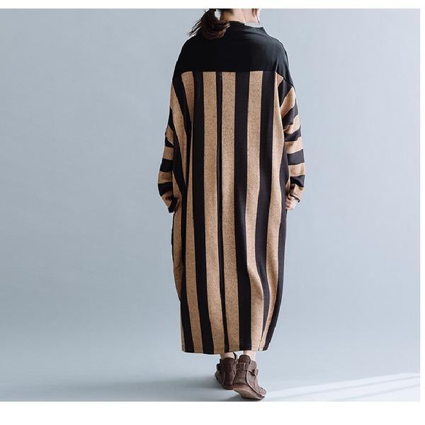 long sleeve plus size cotton wool vintage stripe for women casual loose autumn winter dress - Omychic