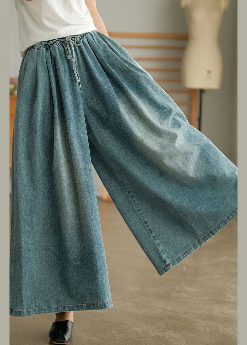 Loose Blue Cinched Pockets Denim Wide Leg Pants