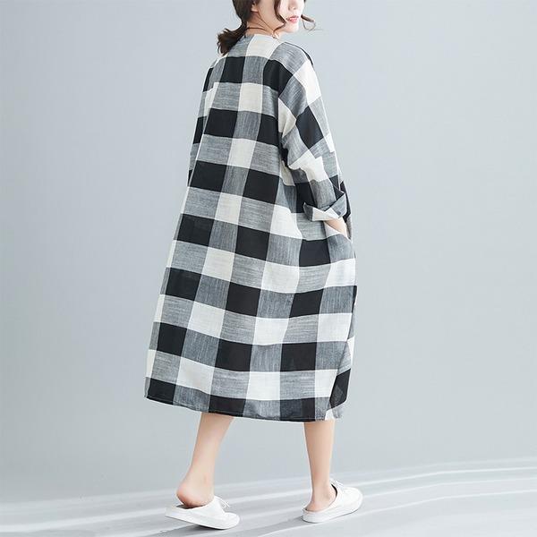 long sleeve cotton linen vintage plaid plus size women casual loose midi autumn party dress - Omychic