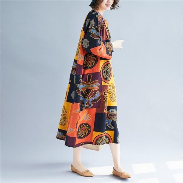 long sleeve cotton linen vintage plus size women casual loose dress elegant vestidos clothes  robe femme - Omychic