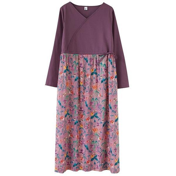 omychic cotton linen plus size vintage floral for women casual loose spring autumn dress - Omychic