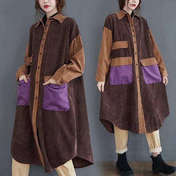 long sleeve plus size corduroy vintage for women casual loose autumn winter elegant shirt dress clothes - Omychic