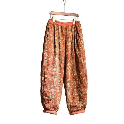 Women Loose Retro Printed Elastic Waist Padded Pants Ladies Vintage Print Winter Trousers Female 2020 Padded Trousers Pants - Omychic