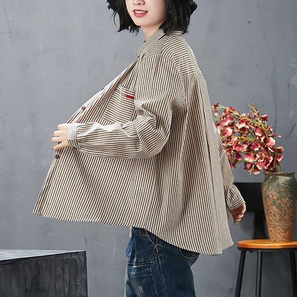 cotton linen autumn vintage stripe korean style plus size Casual loose shirt women blouse 2020 clothes ladies tops streetwear - Omychic