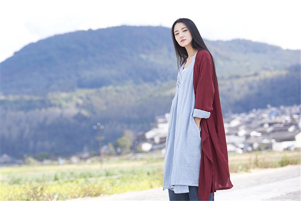 2020 New Women's Coat Autumn Summer Cotton Linen Vintage Solid Coat - Omychic
