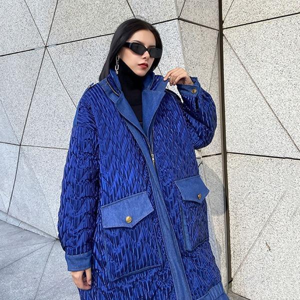 Women Winter The New Contrast Color Loose Pockets Street Trendy Stand Collar Parka Coat - Omychic