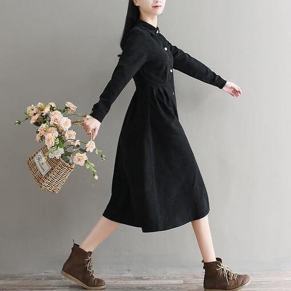 Mori Girl Autumn Winter Women Black Dress  Full Sleeve Elegant A-Line Dress - Omychic