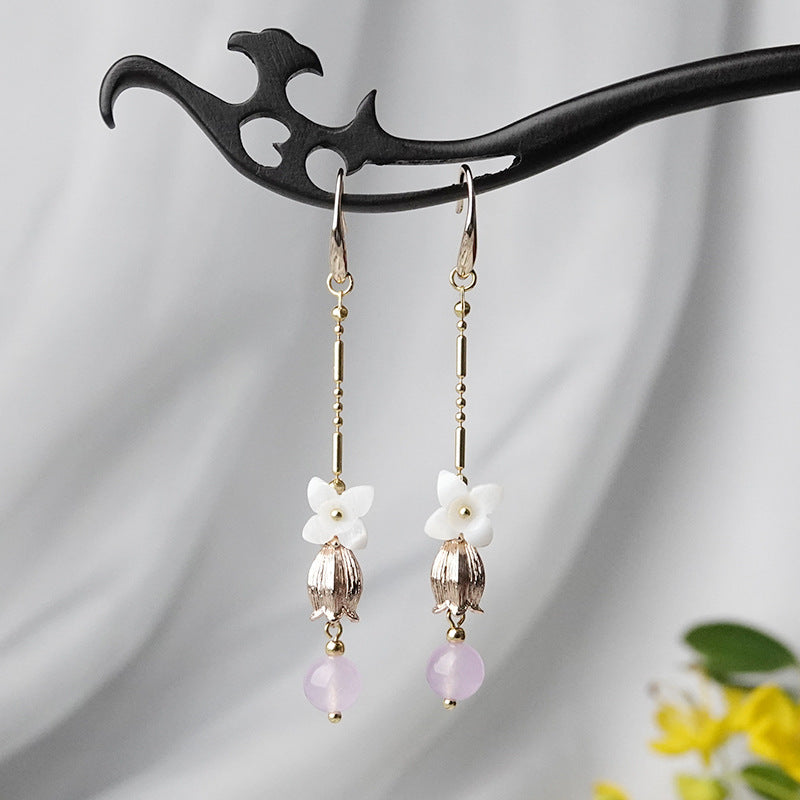 Long Fringed Shell Flower Earrings