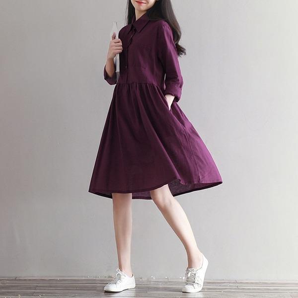 Women Cotton Linen Casual Dress New 2020 Simple Style Knee-length A-line Dress - Omychic
