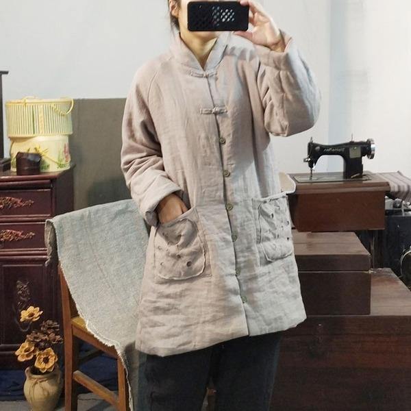 Women Vintage Linen Parkas Stand Long Sleeve Winter Coats - Omychic