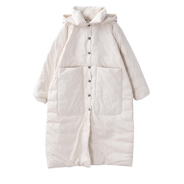 Women Beige Warm Winter Down Coats Hooded Pockets Wide-waisted Female Long Down Coats - Omychic