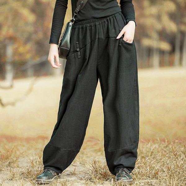 Women Black Chinese Style Wide Leg Pants Button Pockets Thick Warm Elastic Waist Trouser - Omychic