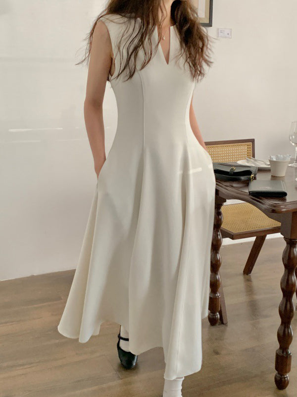 V-neck Solid Color A-line Midi Dress