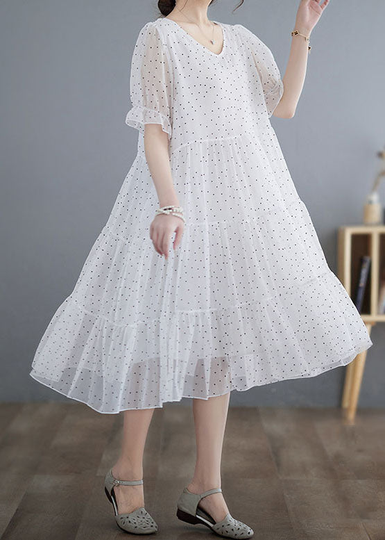 Fine White V Neck Wrinkled Dot Patchwork Chiffon Dress