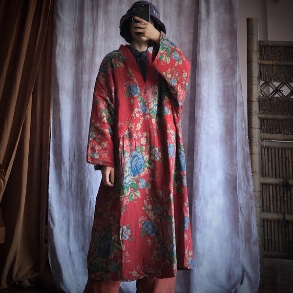 Loose Cotton Printed V Neck Padded Dress Ladies Vintage Robes Female - Omychic