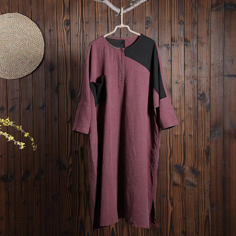 Casual Linen Women Split Spliced Red Dress - Omychic