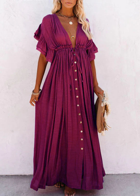Purple V Neck Button Maxi Dresses Short Sleeve